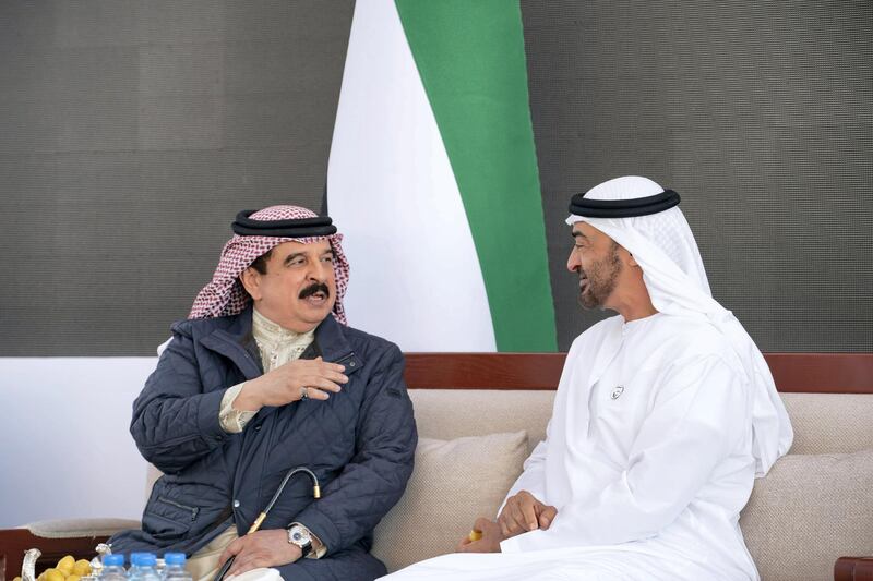 ABU DHABI, UNITED ARAB EMIRATES - March 11, 2019: HH Sheikh Mohamed bin Zayed Al Nahyan, Crown Prince of Abu Dhabi and Deputy Supreme Commander of the UAE Armed Forces (R), receives HM King Hamad bin Isa Al Khalifa, King of Bahrain (L), during a Sea Palace barza.

( Ryan Carter for the Ministry of Presidential Affairs)
---