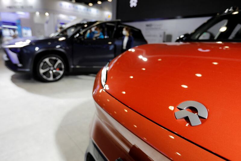 Nio electric vehicles are displayed at the China International Fair for Trade in Services in Beijing. Reuters