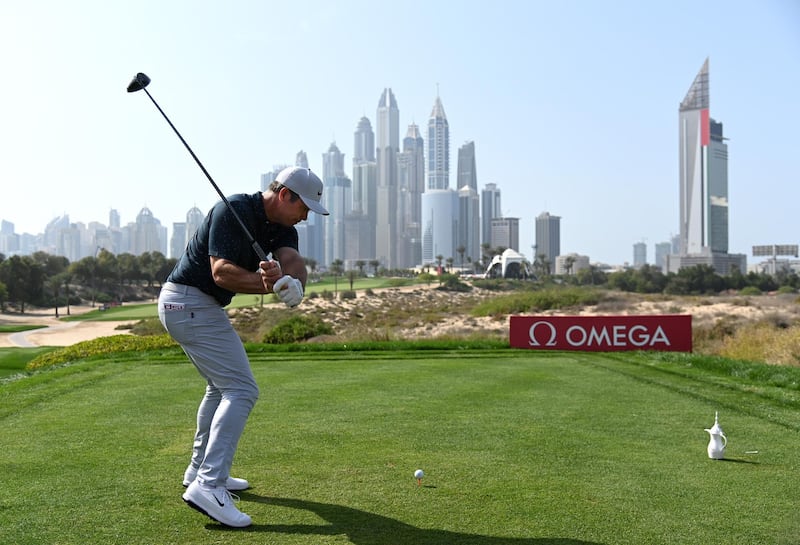 England's Paul Casey hits his tee-shot on the 8th hole during the final round of the Omega Dubai Desert Classic at Emirates Golf Club on Sunday January 31. Casey won the tournament by four shots. Getty