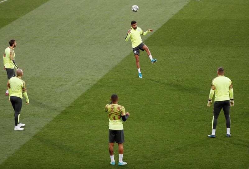 Manchester City's Riyad Mahrez heading the ball during training on Tuesday. Reuters
