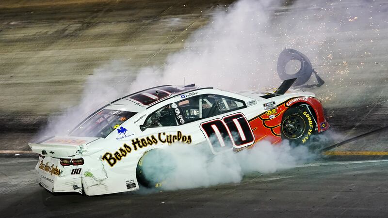 Quinn Houff crashes during the NASCAR Cup Series auto race at Bristol Motor Speedway on Saturday, September  18. AP