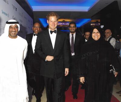 Dr Raja Al Gurg with Sheikh Ahmed bin Saeed Al Maktoum (left) and Prince Harry in Dubai