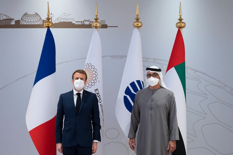 Sheikh Mohamed bin Zayed, Crown Prince of Abu Dhabi and Deputy Supreme Commander of the Armed Forces, with French President Emmanuel Macron at the Leadership Pavilion at Expo 2020 Dubai. Photo: Ministry of Presidential Affairs