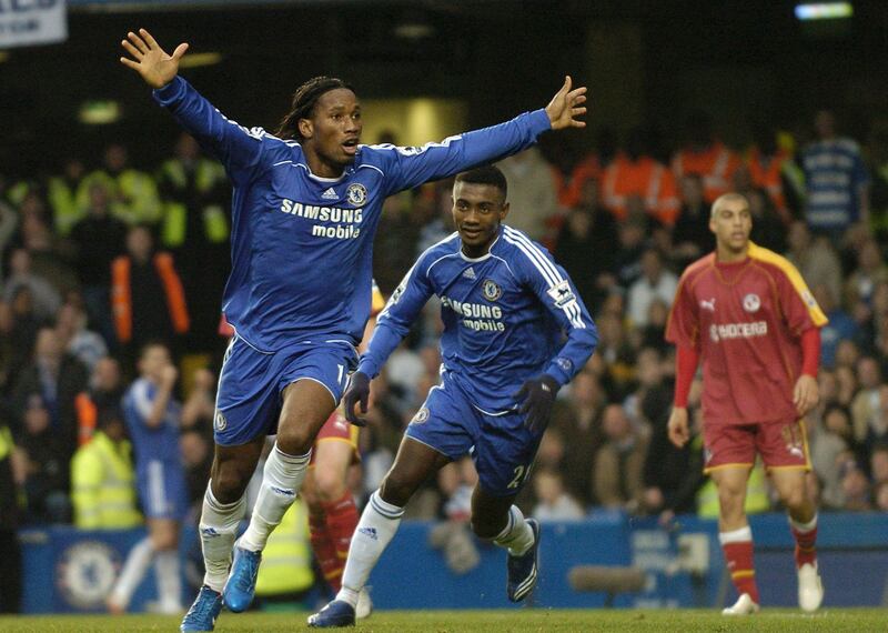 Mandatory Credit: Photo by Ady Kerry/EPA/Shutterstock (7591063n)
Chelsea's Didier Drogba (l) Celebrates Opening the Scoring Against Reading During Their Premiership Game at Stamford Bridge London Tuesday 26 December 2006 No Online Internet Use Without a Licence From the Football Data Co Ltd
Britain Soccer Premier League - Dec 2006