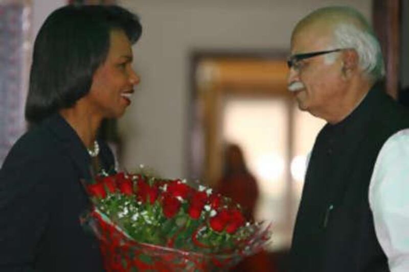 US Secretary of State Condoleezza Rice speaks with India's main opposition Bharatiya Janata Party leader Lal Krishna Advani.