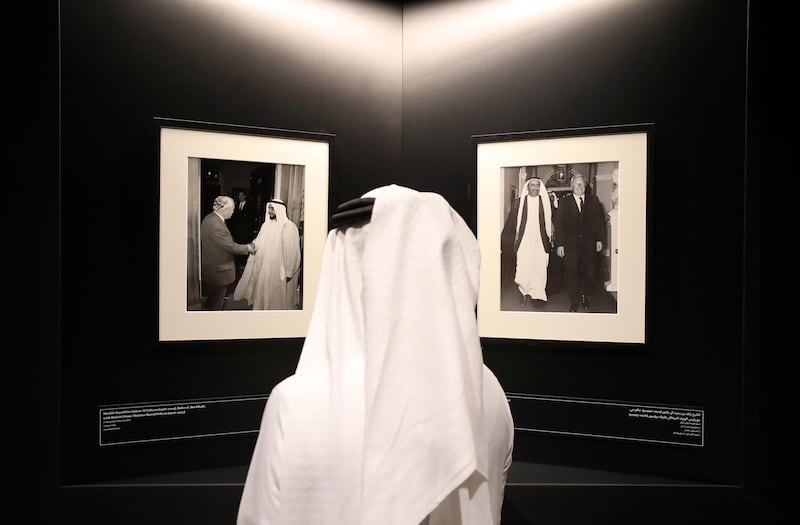 Dubai, United Arab Emirates - Reporter: Alexandra Chaves. Arts and Life. Photographs in Dialogue at the Etihad Museum documents the diplomatic relationship between the UK and the UAE, from the 1960s and 70s to the foundation of the country in 1971. Pictures of Sheikh Zayed and Sheikh Rashid bin Saeed Al Maktoum with British Prime Minster Harold Wilson in 1969. Monday, August 24th, 2020. Dubai. Chris Whiteoak / The National