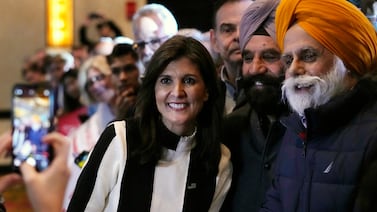 Republican presidential candidate Nikki Haley (centre) said that the 40 per cent of votes she received in South Carolina isn't "a tiny group," and that "huge numbers" of Republicans don't support the former president. AP
