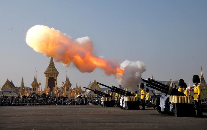 Artillery fires salute at the start of the royal cremation ceremony near the Royal Palace in Bangkok, Thailand. Rungroj Yongrit / EPA