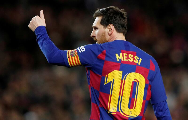 FILE PHOTO: Soccer Football - La Liga Santander - FC Barcelona v Real Sociedad - Camp Nou, Barcelona, Spain - March 7, 2020  Barcelona's Lionel Messi celebrates scoring their first goal   REUTERS/Albert Gea/File Photo