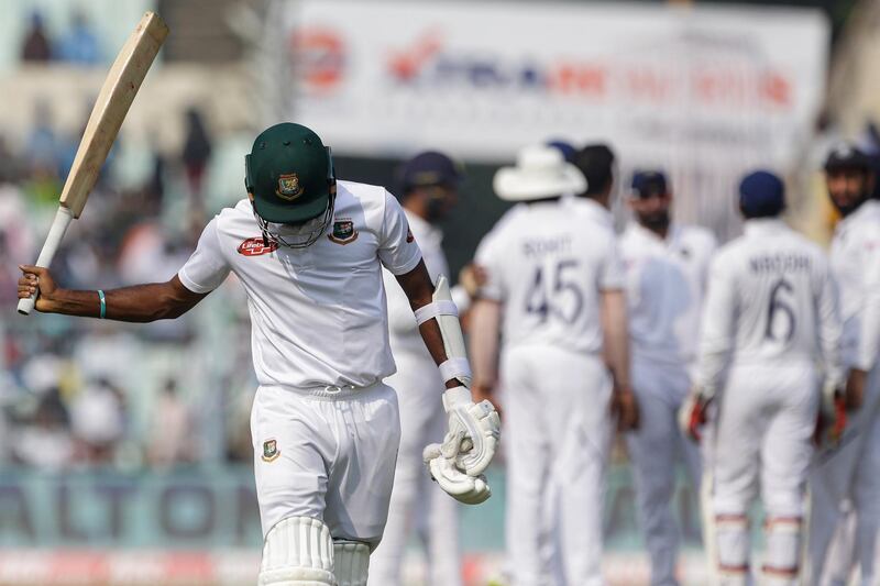 Bangladesh's Ebadot Hossain gestures as he leaves for the pavilion after his dismissal during the third day of the second test cricket match between India and Bangladesh, in Kolkata, India, Sunday, Nov. 24, 2019. (AP Photo/Bikas Das)