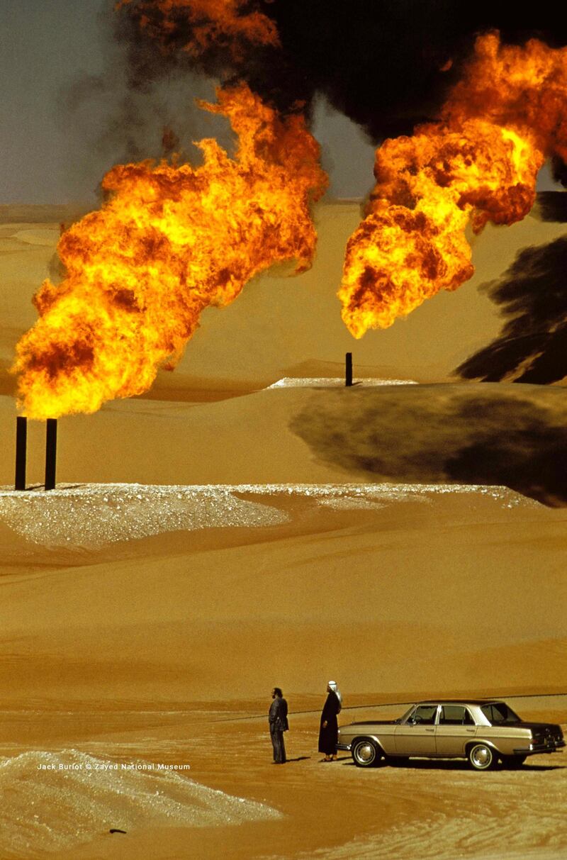 A blazing oil field, one of the transformative era’s most defining images, which has been published worldwide. Courtesy Jack Burlot © Zayed National Museum