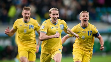 Mykhailo Mudryk of Ukraine celebrates scoring his team's winning goal during their Euro 2024 play-off with Iceland. Getty Images