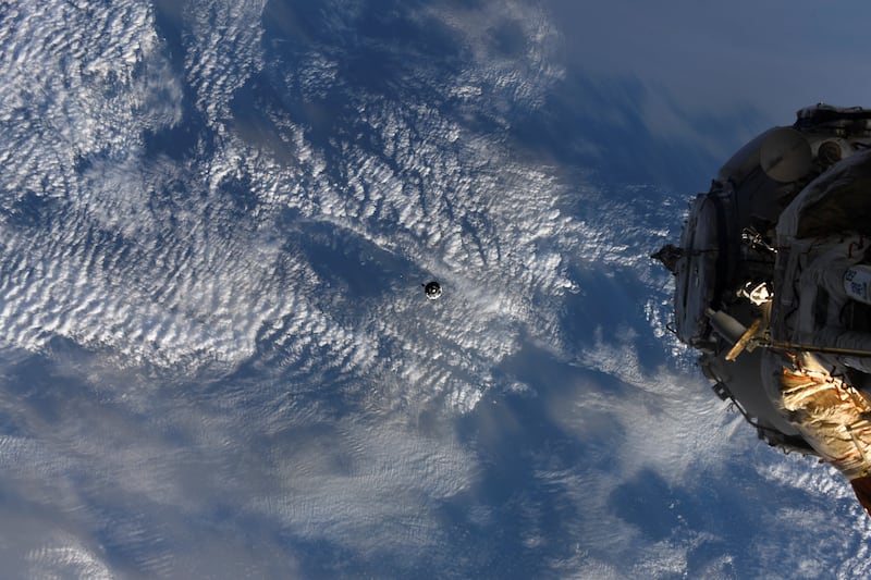 A Soyuz MS-21 spacecraft carrying Russian cosmonauts Oleg Artemyev, Denis Matveev and Sergey Korsakov approaches to dock with the ISS. Reuters