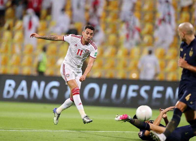 Caio Canedo of the UAE scores during the game between the UAE and Thailand in the World cup qualifiers at the Zabeel Stadium, Dubai on June 7th, 2021. Chris Whiteoak / The National. 
Reporter: John McAuley for Sport