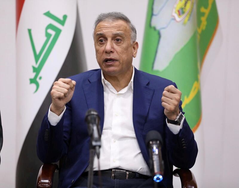 FILE PHOTO: Iraqi Prime Minister Mustafa al-Kadhimi speaks during a meeting with security leaders, in Basra, Iraq August 22, 2020. Picture taken August 22, 2020. Iraqi Prime Minister Media Office/Handout via REUTERS     ATTENTION EDITORS - THIS IMAGE WAS PROVIDED BY A THIRD PARTY/File Photo