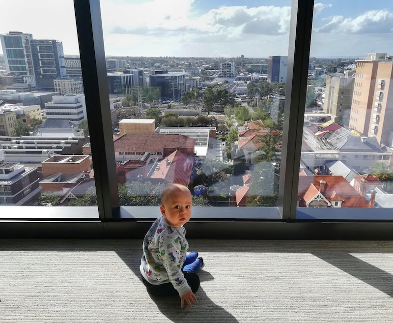 Ronan O'Connell's ten-month-old son during the family's two-week quarantine in Australia. Courtesy Ronan O'Connell