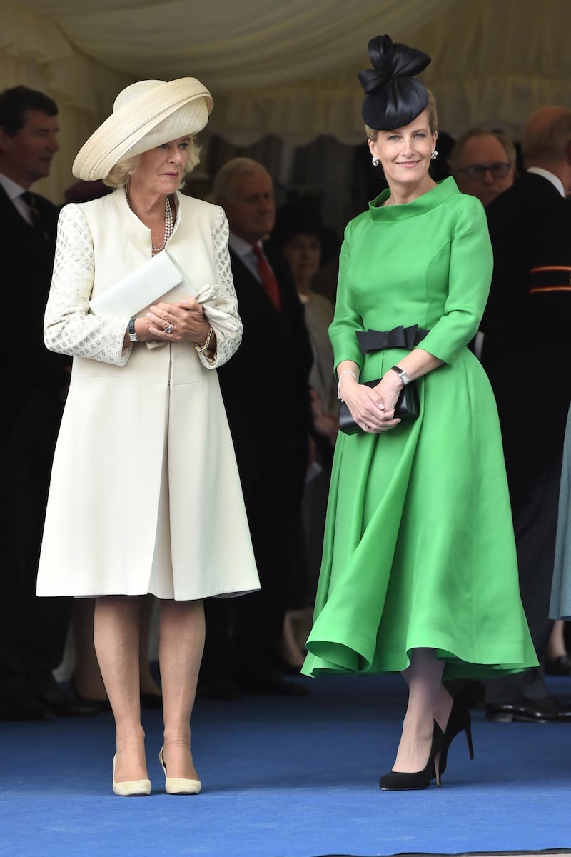 WINDSOR, ENGLAND - JUNE 15: Camilla, Duchess of Cornwall and Sophie, Countess of Wessex attend the Order of the Garter Service at St George's Chapel in Windsor Castle on June 15, 2015 in Windsor, England. The Order of the Garter is the most senior and the oldest British Order of Chivalry and was founded by Edward III in 1348.  (Photo by Eddie Mulholland - WPA Pool /Getty Images)