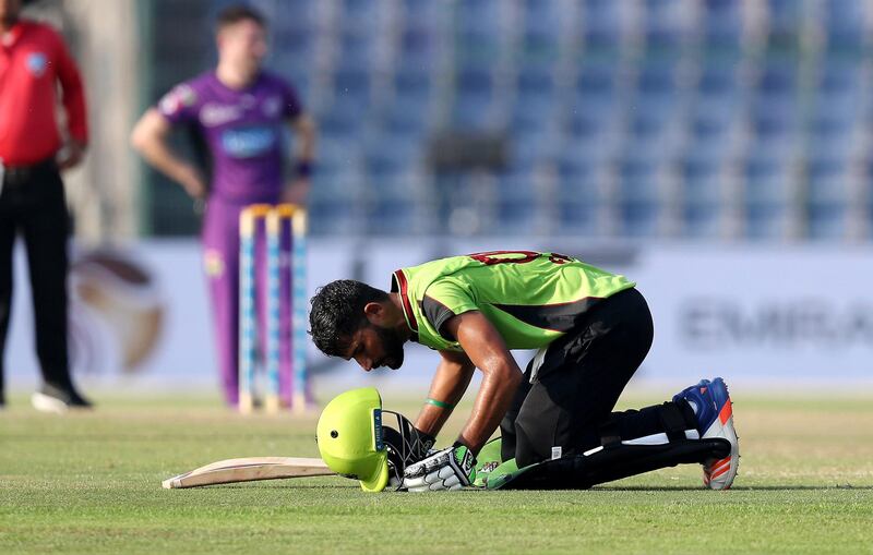 ABU DHABI , UNITED ARAB EMIRATES, October 05, 2018 :- Mohammad Faizan of Lahore Qalanders after scoring his half century during the Abu Dhabi T20 cricket match between Lahore Qalanders vs Hobart Hurricanes held at Zayed Cricket Stadium in Abu Dhabi. ( Pawan Singh / The National )  For Sports. Story by Amith