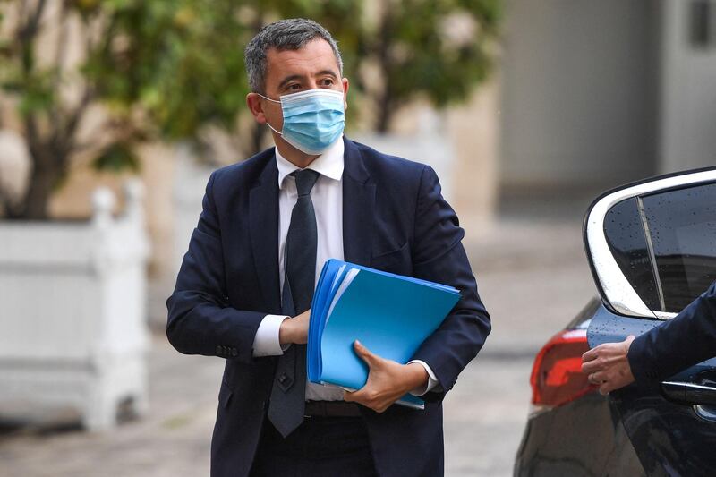 CORRECTION / French Interior Minister Gerald Darmanin arrives at a meeting with French police unions at the Hotel Matignon in Paris on May 10, 2021. After the deaths of a police employee killed in a terror attack at the police station in Rambouillet on April 30, 2021, and a police officer killed in Avignon on May 5, 2021 during an anti-drug operation, French police unions call for a "citizens' march" in Paris on May 19, 2021. / AFP / Christophe ARCHAMBAULT
