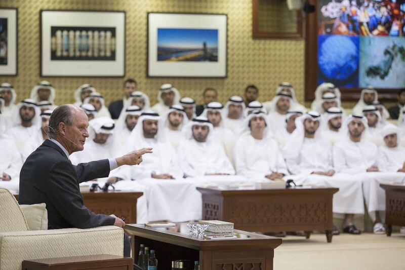 Dr Robert Ballard, president of the Ocean Exploration Trust, left, speaks on the importance of the seas to the future, at Sheikh Mohammed bin Zayed’s Majlis. Sharina Lootah / Crown Prince Court – Abu Dhabi