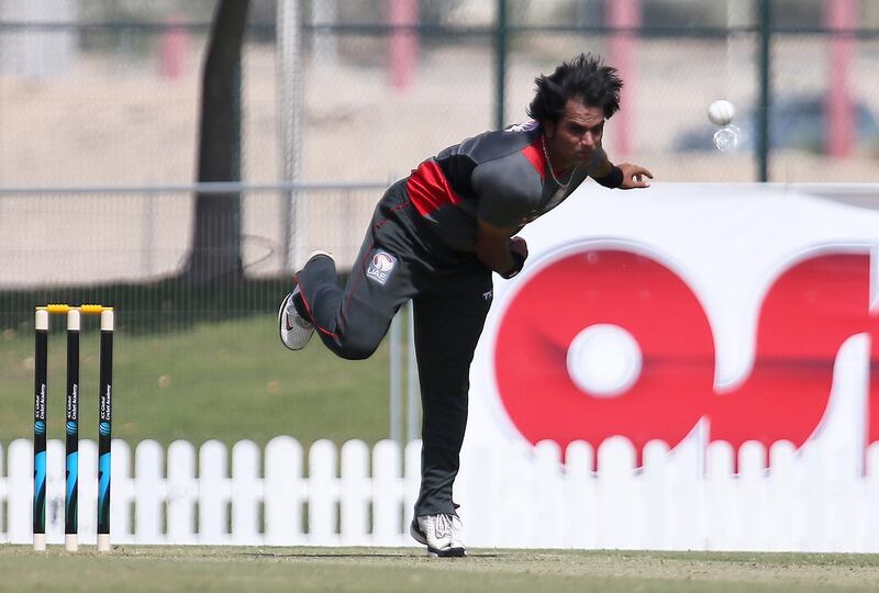 
DUBAI , UNITED ARAB EMIRATES Ð Oct 22 , 2014 : Kamran Shahzad of UAE bowling during the One Day Cricket match between Pakistan Ô A Õ vs UAE at ICC academy in Dubai Sports City in Dubai. ( Pawan Singh / The National ) For Sports. Story by Paul Radley