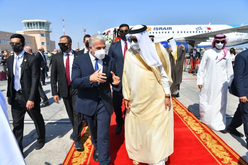 A red-carpet reception for Israel's foreign minister on his arrival in Bahrain.