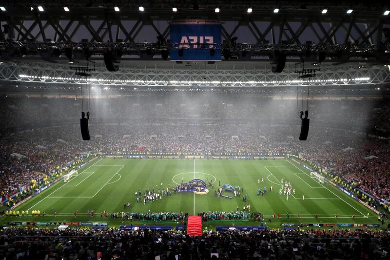 MOSCOW, RUSSIA - JULY 15:  General view inside the stadium as France players receive their World Cup Winner's medals following the 2018 FIFA World Cup Final between France and Croatia at Luzhniki Stadium on July 15, 2018 in Moscow, Russia.  (Photo by Kevin C. Cox/Getty Images)