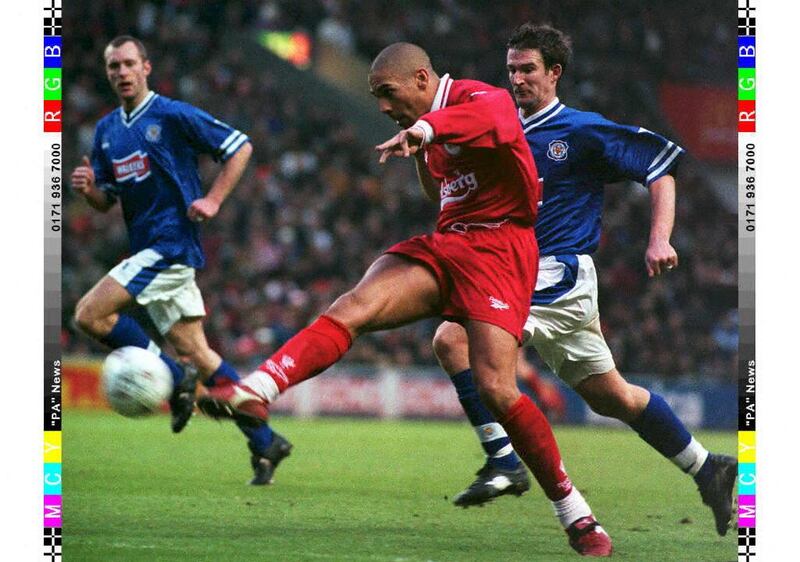 Liverpool's Stan Collymore shoots for goal, this time unsuccessfully during their FA Carling Premiership match against Leicester City at Anfield 26 December. (Photo by STR / PA / AFP)
