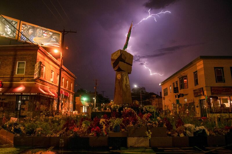 Lightning strikes above the George Floyd memorial in Minneapolis, Minnesota, on August 14, 2020 as racial justice protests continue across the country. Reuters