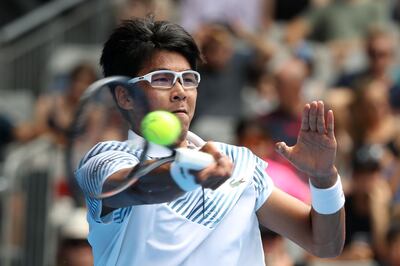 MELBOURNE, AUSTRALIA - JANUARY 17:  Hyeon Chung of Korea plays a forehand in his second round match against Pierre-Hugues Herbert of France during day four of the 2019 Australian Open at Melbourne Park on January 17, 2019 in Melbourne, Australia.  (Photo by Mark Kolbe/Getty Images)