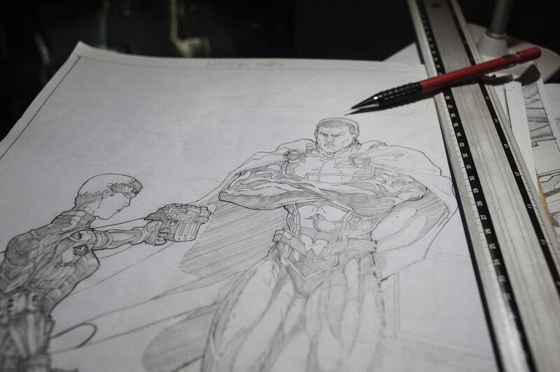 A stack of sketch illustrations done by Jide Martins, founder of Comic Republic at the Comic Republic office in Lagos. Stefan Heunis / AFP