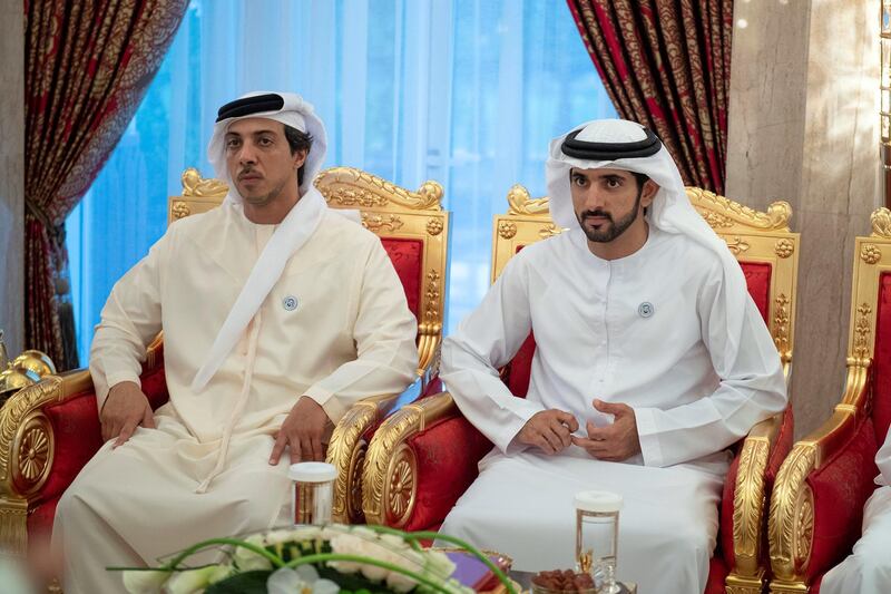 DUBAI, UNITED ARAB EMIRATES -June 09, 2018: HH Sheikh Mansour bin Zayed Al Nahyan, UAE Deputy Prime Minister and Minister of Presidential Affairs (L) and HH Sheikh Hamdan bin Mohamed Al Maktoum, Crown Prince of Dubai (R), attend an Iftar reception hosted by HH Sheikh Mohamed bin Rashid Al Maktoum, Vice-President, Prime Minister of the UAE, Ruler of Dubai and Minister of Defence (not shown), at Zabeel Palace.

( Abdullah Al Junaibi for the Crown Prince Court - Abu Dhabi )
---