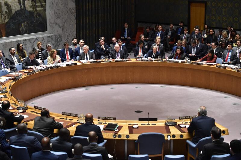 The UN Security Council meet at United Nations Headquarters in New York, on April 10, 2018.
Russia on Tuesday vetoed a US-drafted United Nations Security Council resolution that would have set up an investigation into chemical weapons use in Syria following the alleged toxic gas attack in Douma. It was the 12th time that Russia has used its veto power at the council to block action targeting its Syrian ally.
 / AFP PHOTO / HECTOR RETAMAL