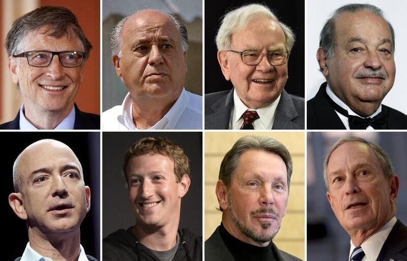 The eight richest people in the world: (Top row L-R) Microsoft founder Bill Gates, Spanish Inditex fashion founder Amancio Ortega, US investor Warren Buffett, Telmex CEO Carlos Slim; (Bottom row L-R) Amazon CEO Jeff Bezos, Facebook founder Mark Zuckerberg, Oracle founder Larry Ellison, and Bloomberg CEO Michael Bloomberg. EPA/DSK