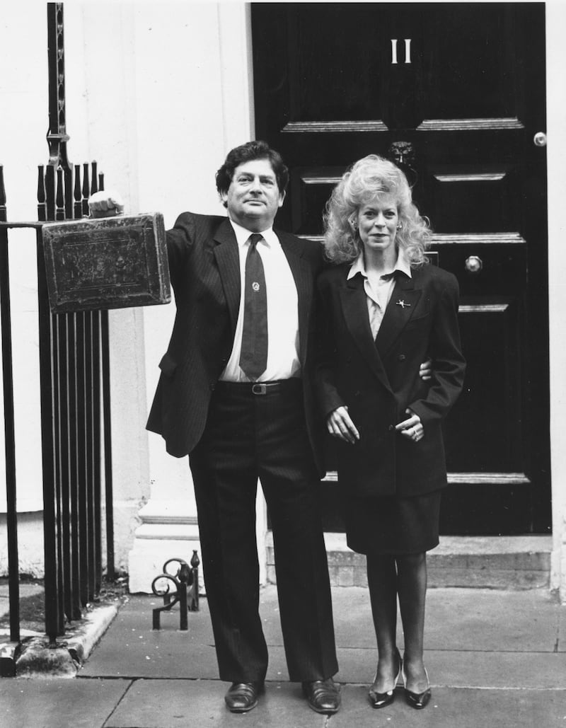 Nigel Lawson and his wife Therese leaving 11 Downing Street prior to the 1988 Budget statement