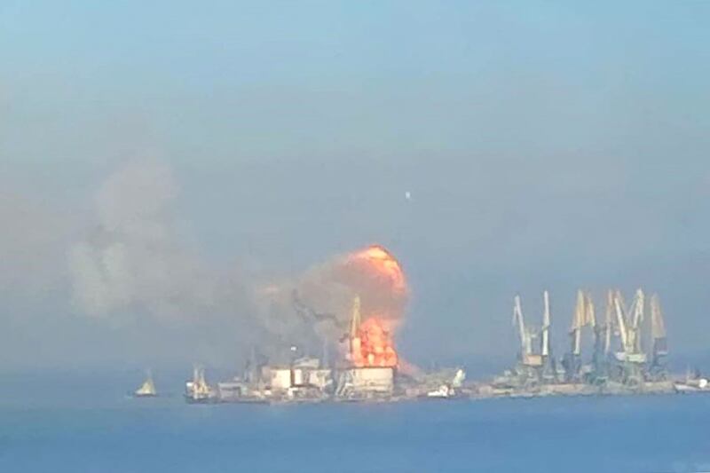 A picture released by the Ukrainian Navy shows a fire in the port of Berdyansk. The navy said it had destroyed the 'Orsk', a Russian warship.  AFP