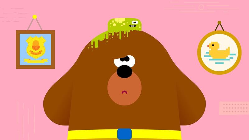 Slug sliding over Duggee’s head leaving sticky mess to his annoyance.
