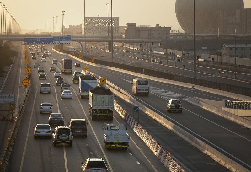 Evening traffic on the E11 motorway near Al Raha Beach, Abu Dhabi. Driving authorities say road users, particularly young ones, were a cause for concern after more than a third said they had been in an accident. As drivers from many countries use UAE roads, standards were not uniform. Silvia Razgova / The National