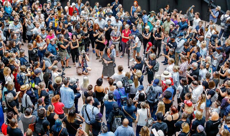 Protesters against the confirmation of Supreme Court nominee Judge Brett Kavanaugh demonstrate in the atrium of the Hart Senate Office Building in Washington, DC.  Erik S Lesser / EPA