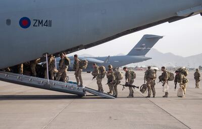 British military personnel boarding a Royal Air Force A400M aircraft ahead of departing Kabul Airport in August. AFP