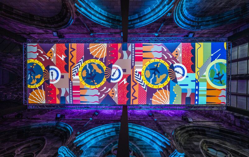 'Earth Calls', a colourful projection of images, was displayed in the roof space of Trinity Apse in Edinburgh on Wednesday. It is this year's Edinburgh's Hogmanay 'Message from the Skies'. Against the background of the recent Cop26 summit in Glasgow, it provides the poetic and artistic response of three Scottish writers to the climate emergency. PA