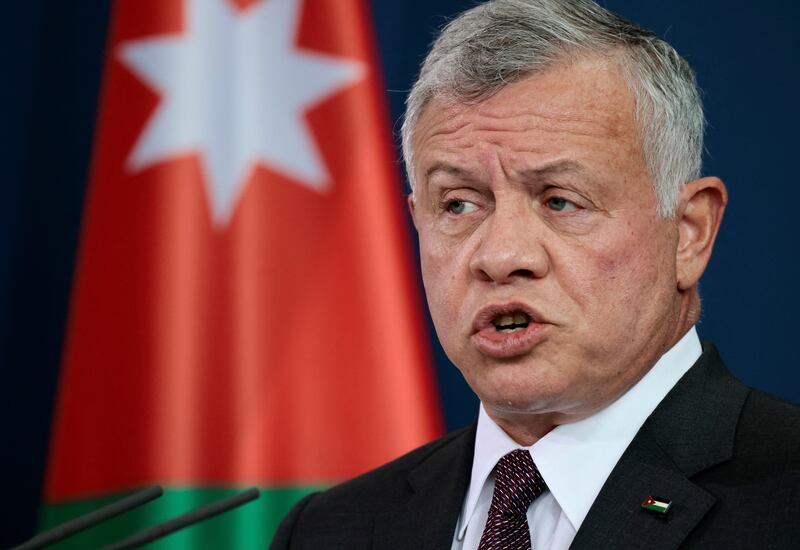 Jordan's King Abdullah II ibn Al Hussein speaks at a news conference after talks at the Chancellery, in Berlin, Germany, March 15, 2022. AP