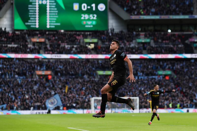 Manchester City's Rodri celebrates after scoring his team's second goal in the League Cup final against Aston Villa at Wembley in March. City will now try and add the Fa Cup and the Champions League to their haul. Reuters