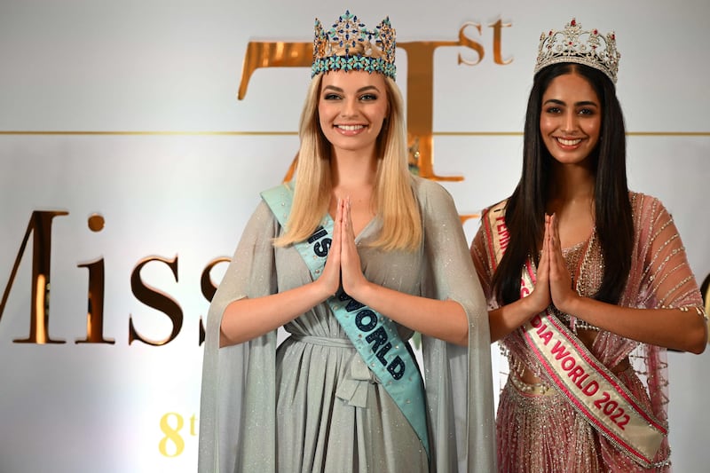 Miss World 2022 Karolina Bielawska (L) and Miss India World 2022 Sini Shetty pose during a press conference for the 71st edition of Miss World 2023, in New Delhi on June 8, 2023.  (Photo by Arun SANKAR  /  AFP)