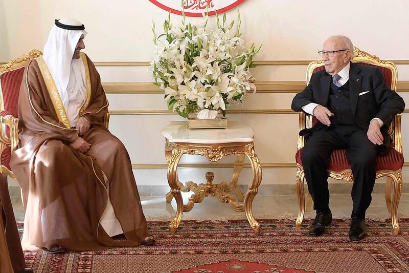 Sheikh Hamad bin Mohammed Al Sharqi, Supreme Council Member and Ruler of Fujairah, meets with Tunisian President Beji Caid Essebsi in Tunis, Tunisia. Wam