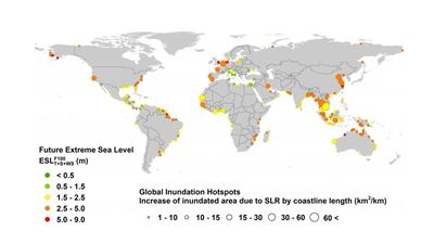 A map of the hotspots of coastal flooding risk in 2100 in the event of unchecked global warming. Courtesy Scientific Reports