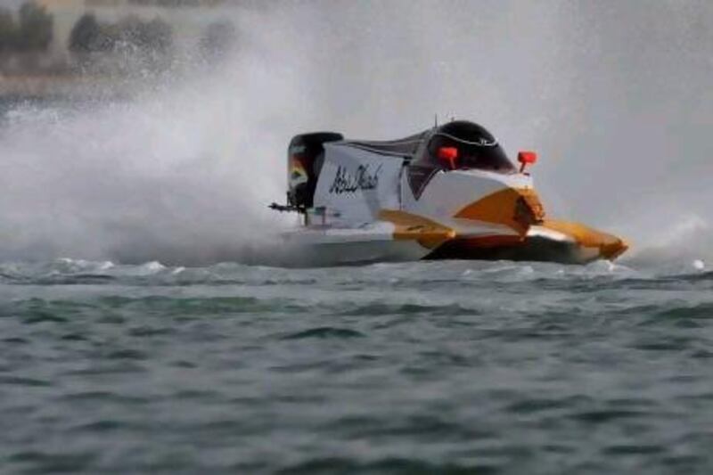 Ahmed Al Hameli of Team Abu Dhabi skimmed over the water to the win in Doha Bay at UIM F1 H20 Powerboat Grand Prix of Qatar.