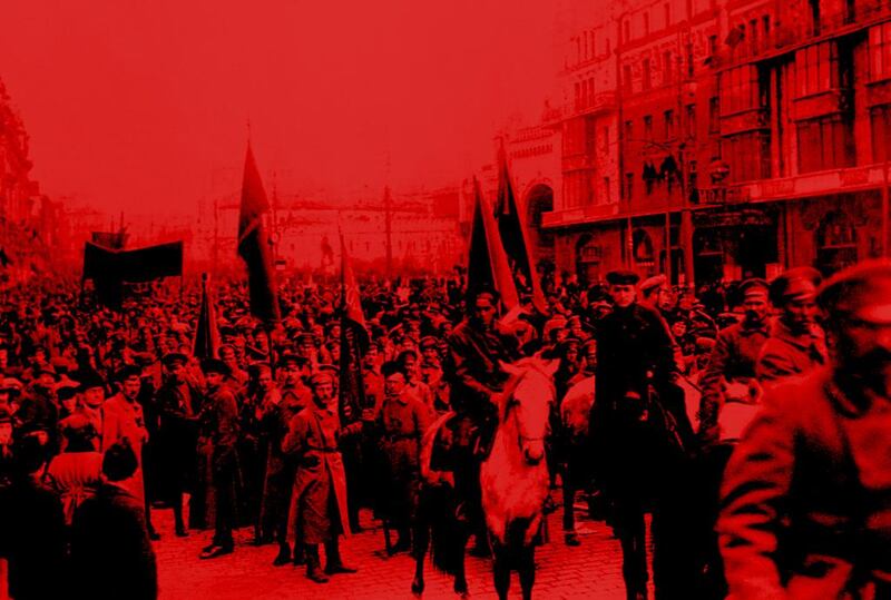 Bolshevik soldiers parade through the streets of Moscow. The Metropolitan Hotel can be seen at right. Corbis via Getty Images 