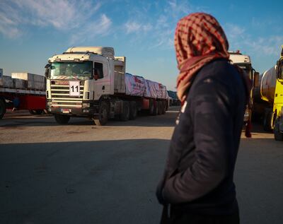 A lorry carrying humanitarian aid from the UAE prepares to cross the Rafah border on Wednesday. Victor Besa / The National