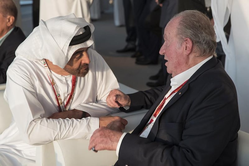 Sheikh Mohammed bin Zayed with Juan Carlos, the former king of Spain, in Shams Tower. Ryan Carter / Crown Prince Court - Abu Dhabi